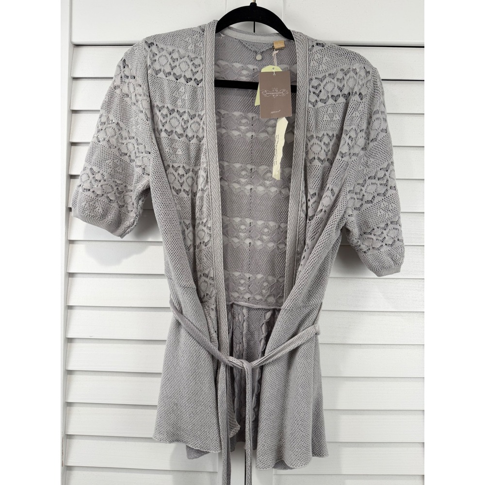 Knitted & Knotted Anthropologie Cardigan Women L‎ Gray Lace Knit Tie Waist NEW